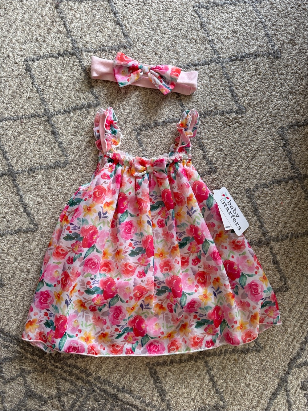 Baby Starters Pink Floral Dress with Matching Pink Bow Headband